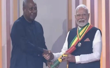 घाना में पीएम मोदी को देश का सर्वोच्च सम्मान; राष्ट्रपति महामा ने ‘द ऑफिसर ऑफ द ऑर्डर ऑफ द स्टार ऑफ घाना’ से किया सम्मानित