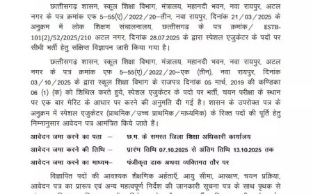 छत्तीसगढ़ स्कूल शिक्षा विभाग में स्पेशल एजुकेटर भर्ती: 7 से 13 अक्टूबर तक आवेदन...देखें आवेदन विवरण