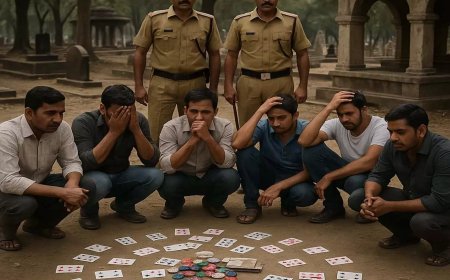 पुलिस की बड़ी कार्रवाई: श्मशान घाट में जुआ खेलते 7 गिरफ्तार, ₹7,500 नगद बरामद