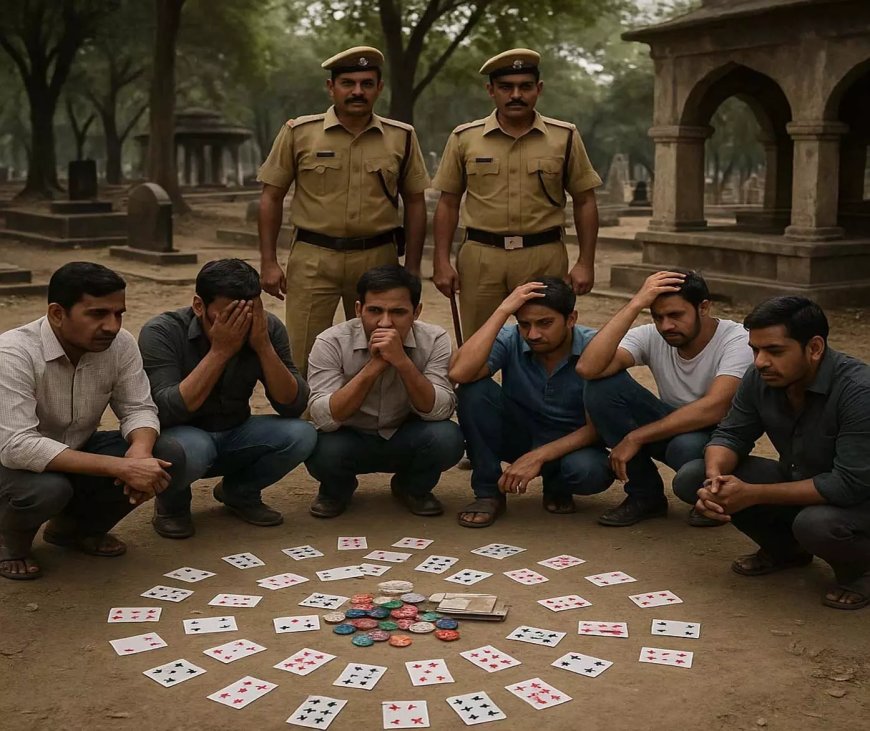 पुलिस की बड़ी कार्रवाई: श्मशान घाट में जुआ खेलते 7 गिरफ्तार, ₹7,500 नगद बरामद