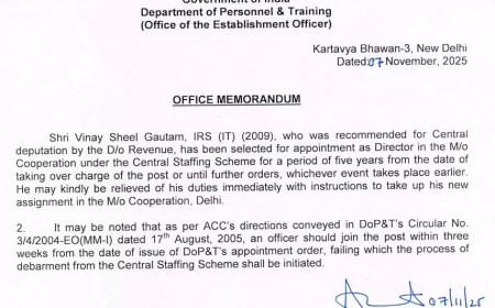 केंद्र में IAS अफसरों की बड़ी तैनाती: सहकारिता, पेट्रोलियम और MSME मंत्रालयों में पदस्थापना