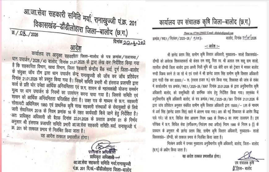 धान खरीदी कार्य में लापरवाही बरतने पर ग्रामीण कृषि विस्तार अधिकारी साल्हे और रानाखुज्जी के समिति प्रभारी को किया गया निलंबित
