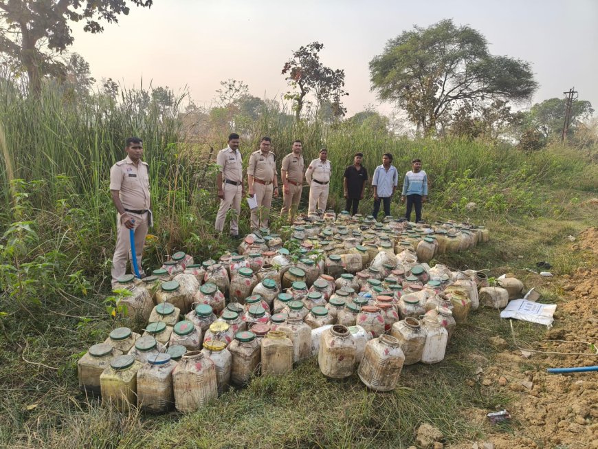 घुटकू रेलवे लाइन किनारे छुपाकर रखा था महुआ लाहन, पुलिस ने 300 डिब्बे किए नष्ट