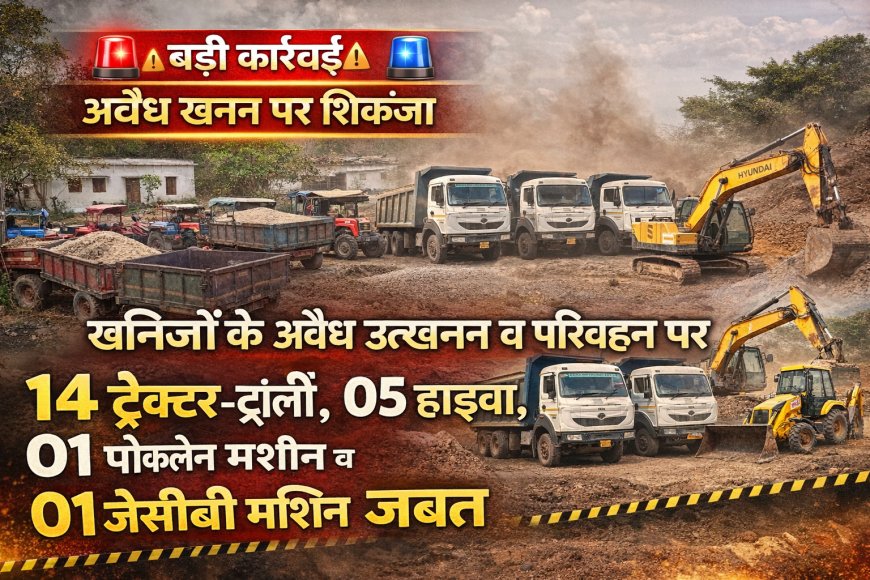 खनिजो के अवैध उत्खनन व परिवहन पर 14 ट्रेक्टर ट्राली, 05 हाइवा व 01 पोकलेन मशीन व 01 जे सी बी मशीन जप्त