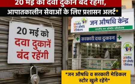 20 मई को दवा दुकानें रहेंगी बंद,,,, प्रशासन अलर्ट मोड पर जन औषधि केंद्र और सरकारी मेडिकल स्टोर रहेंगे खुले, आपात स्थिति के लिए विशेष व्यवस्था