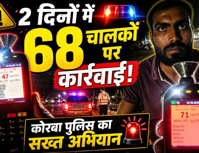 02 दिनों में 68 चालकों पर कार्यवाही,कोरबा पुलिस का सख्त अभियान