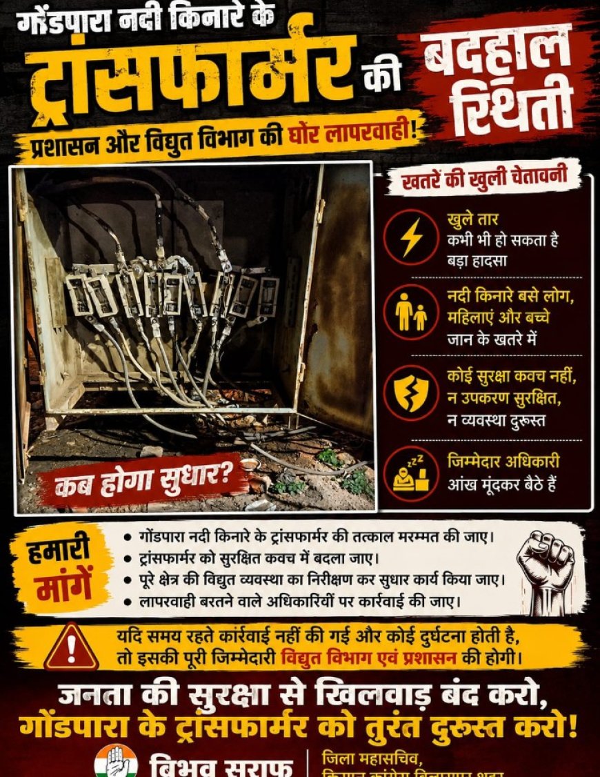 गोंडपारा नदी किनारे जर्जर ट्रांसफार्मर से हादसे की आशंका, किसान कांग्रेस ने उठाए सवाल