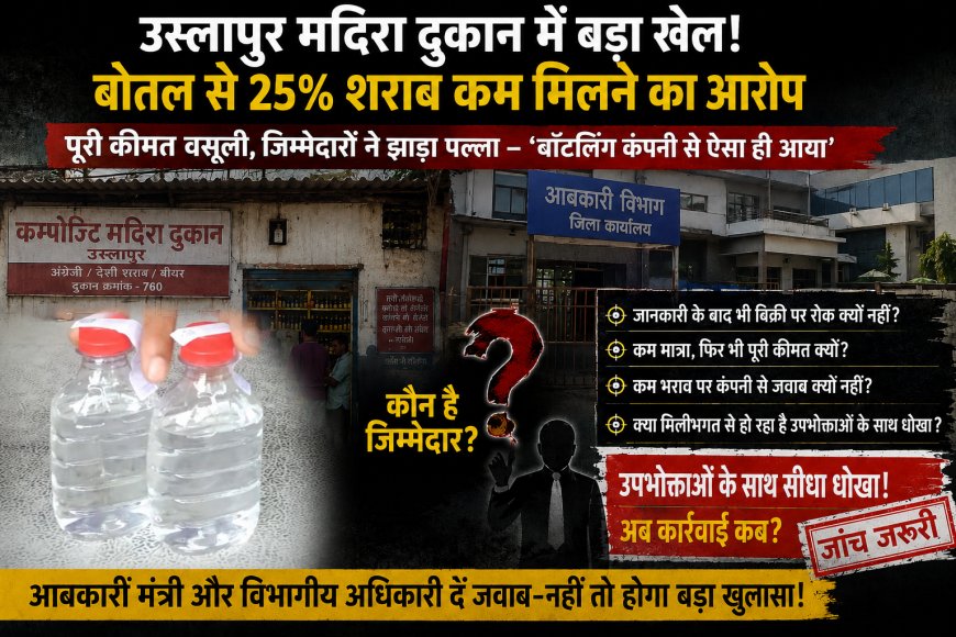 उस्लापुर कम्पोजिट मदिरा दुकान में बड़ा खेल! बोतल से 25% शराब कम मिलने का आरोप, जिम्मेदारों ने बॉटलिंग कंपनी पर फोड़ा ठीकरा