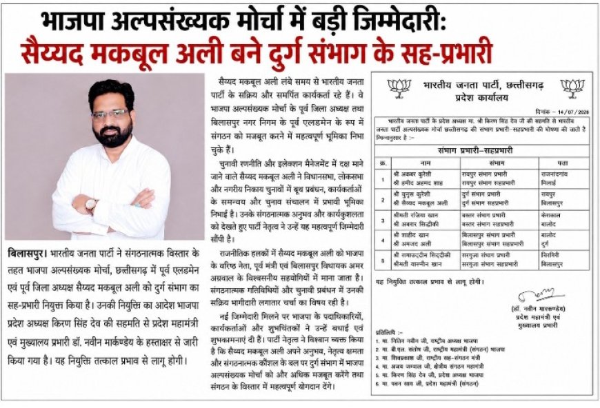भाजपा अल्पसंख्यक मोर्चा में सैय्यद मकबूल अली को बड़ी जिम्मेदारी, बने दुर्ग संभाग के सह-प्रभारी