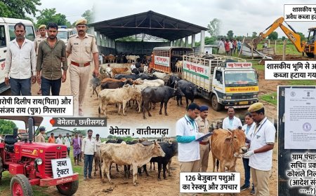 बेमेतरा में पशु क्रूरता और अवैध कब्जे पर प्रशासन का बड़ा एक्शन: पिता-पुत्र गिरफ्तार, 126 मवेशी बचाए गए, पंचायत सचिव निलंबित