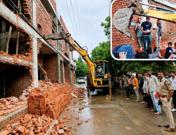 तोड़फोड़ की कार्रवाई पर भारी हंगामा, बुलडोजर के आगे लेटा परिवार, खाली हाथ लौटा निगम
