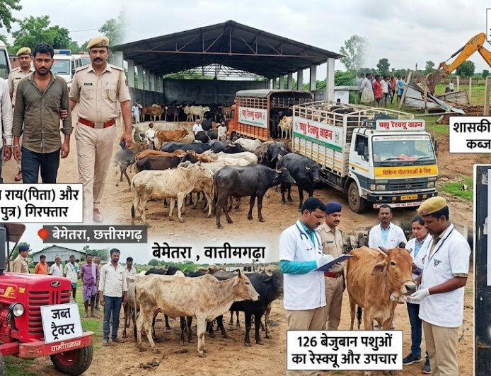 बेमेतरा में पशु क्रूरता और अवैध कब्जे पर प्रशासन का बड़ा एक्शन: पिता-पुत्र गिरफ्तार, 126 मवेशी बचाए गए, पंचायत सचिव निलंबित