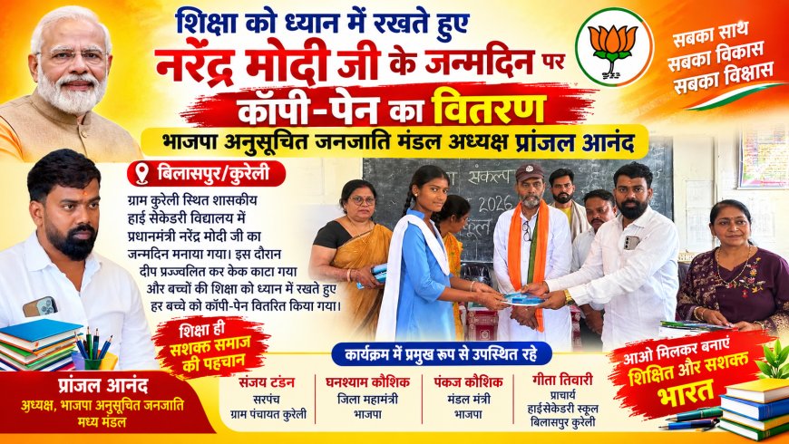 भाजपा अनुसूचित जनजाति मध्य मंडल अध्यक्ष प्रांजल आनंद ने पीएम के जन्मदिन पर स्कूलों में बच्चों को बांटी कॉपी-पेन
