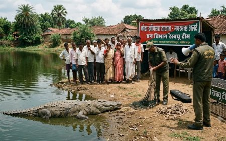 कोटा के खोंगसरा तालाब में पहुंचा विशाल मगरमच्छ, ग्रामीणों में दहशत;