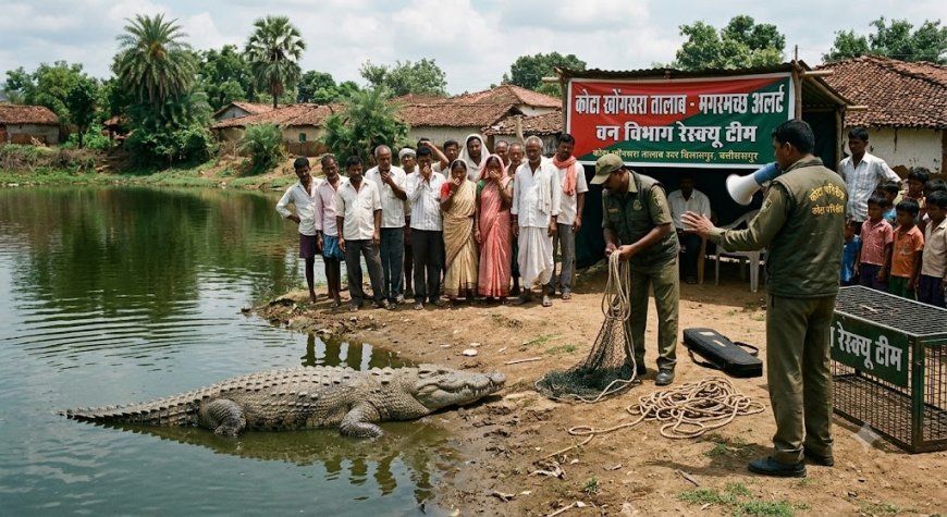 कोटा के खोंगसरा तालाब में पहुंचा विशाल मगरमच्छ, ग्रामीणों में दहशत;